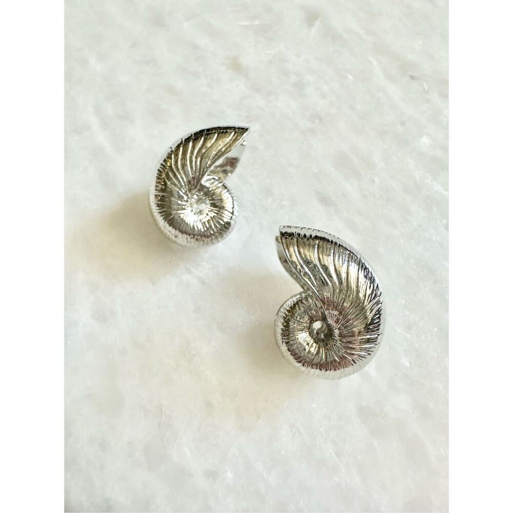 Silver snail seashell front and back earrings